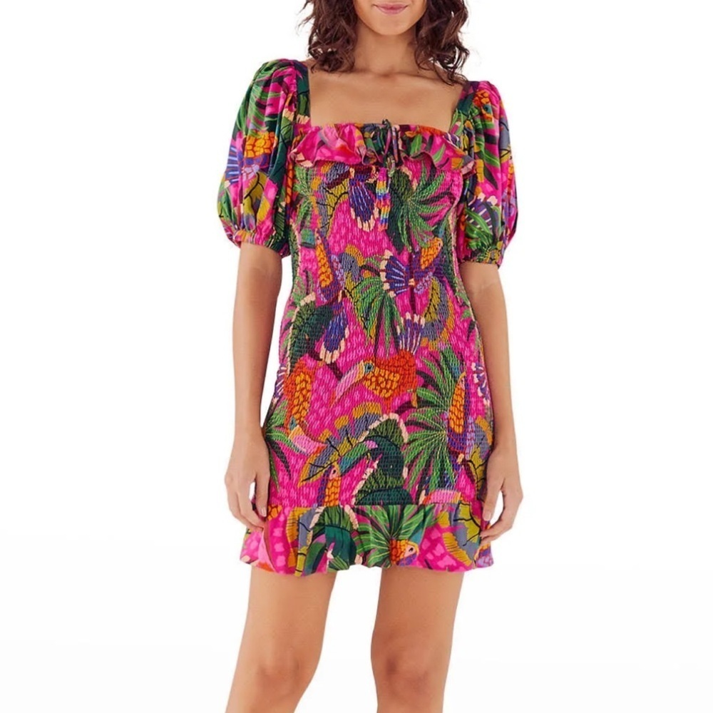 Farm Rio Painted Toucans Mini Dress Smocked Pink‎